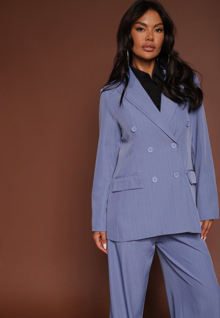 Sacou Albastră cu două rânduri de nasturi cu Viscoză și Linie de Umeri Întărită Ellirisa