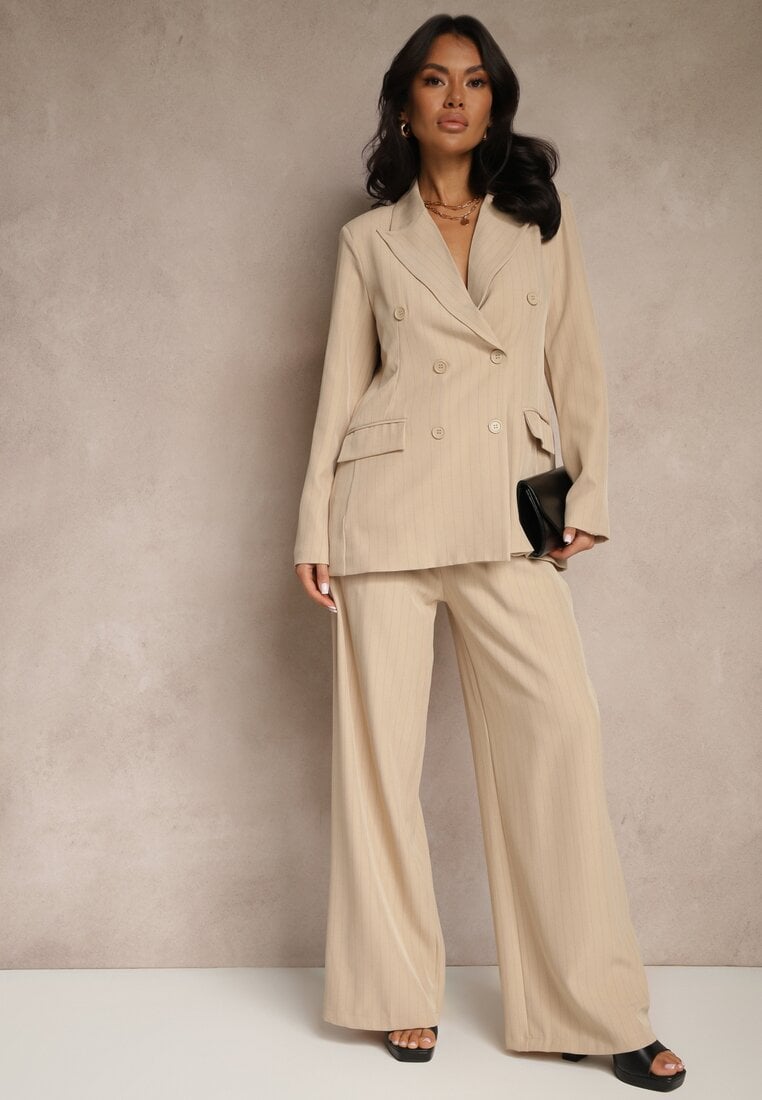 Pantaloni de costum Largi Bej cu viscoză Decorați cu o curea Ellilara