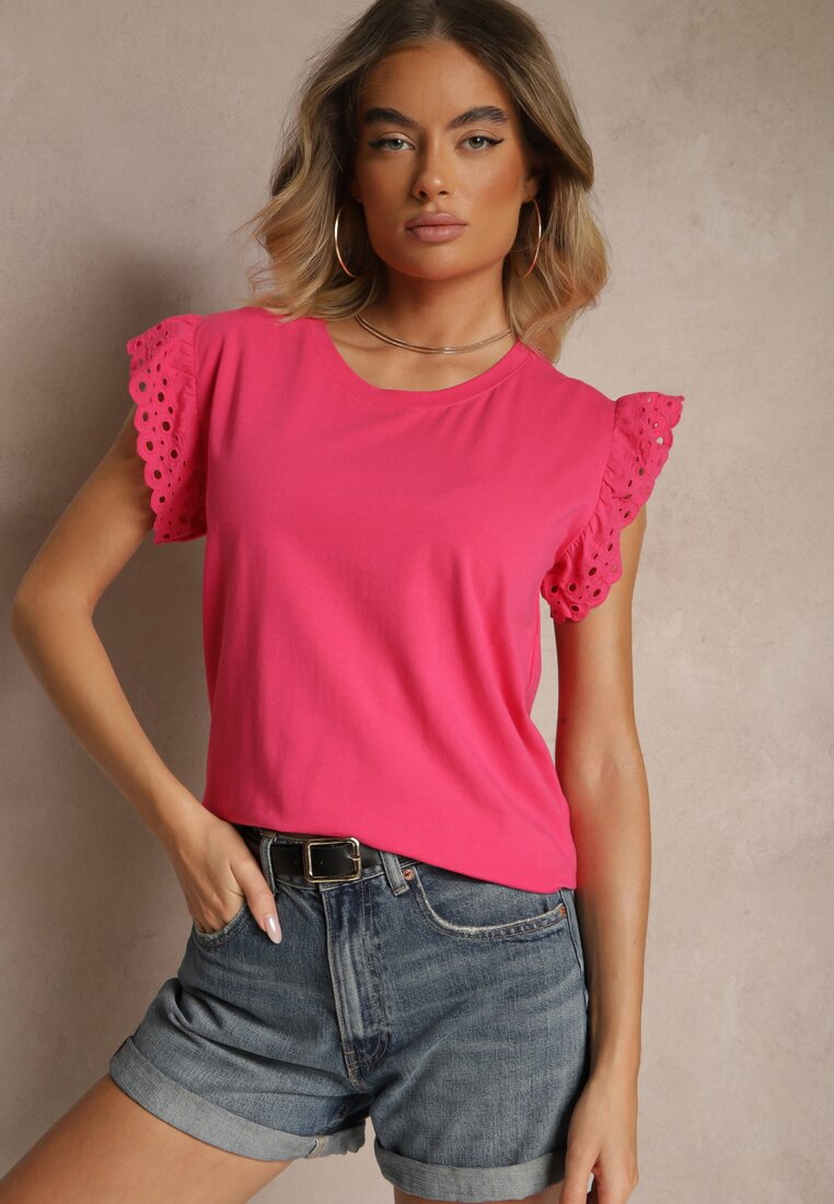 Bluză Roz de bumbac cu mânecă scurtă cu volan ajurat Voanira