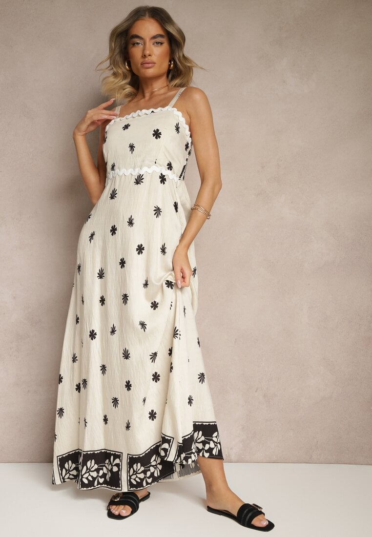 Rochie Bej din Viscoză Decorată cu Motiv Geometric Lunessa
