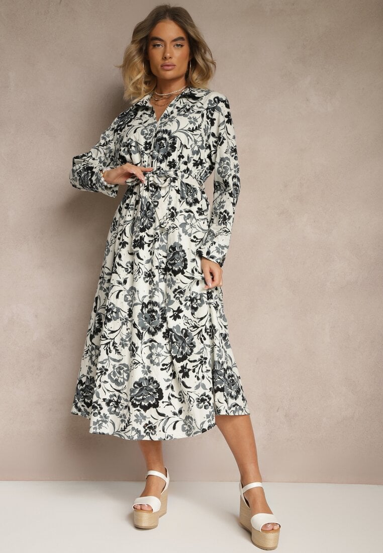 Rochie albastră de viscoză cu imprimeu floral tip cămașă cu curea Zelkiona