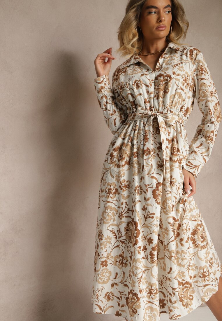Rochie bej deschis din viscoză cu imprimeu floral stil cămașă cu centură Zelkiona