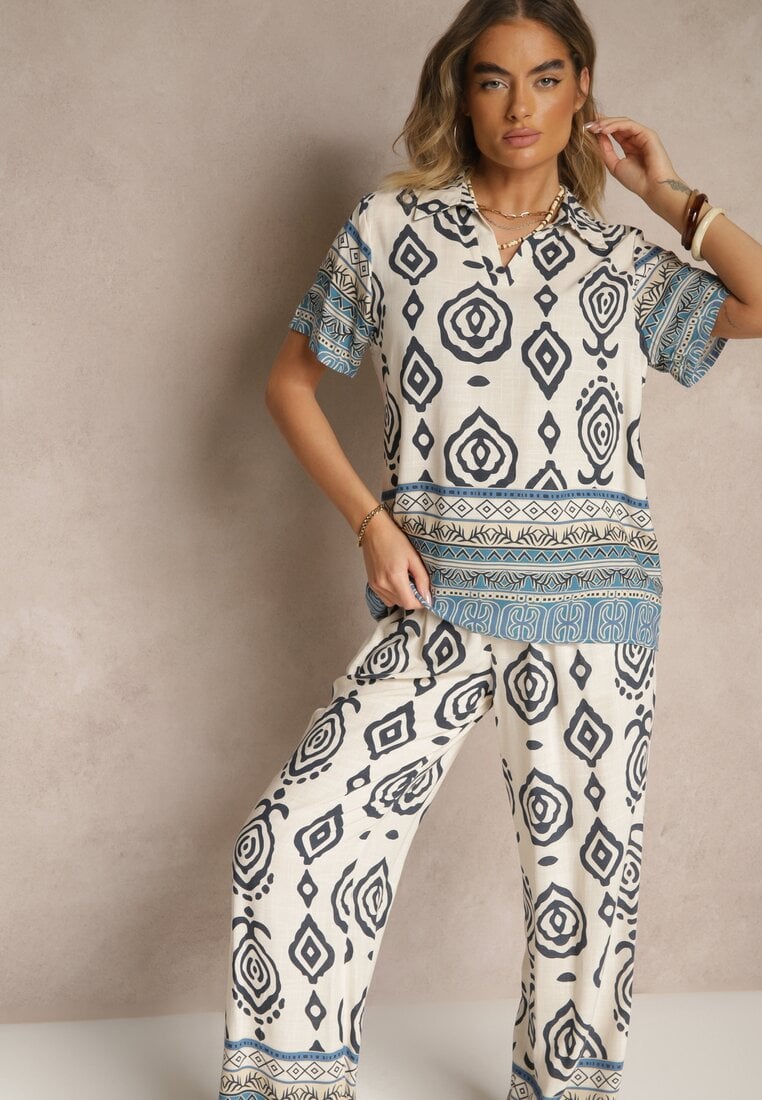 Compleu Albastru din Vascoză, Pantaloni Largi și Bluză cu Imprimeu Boho Ralkio