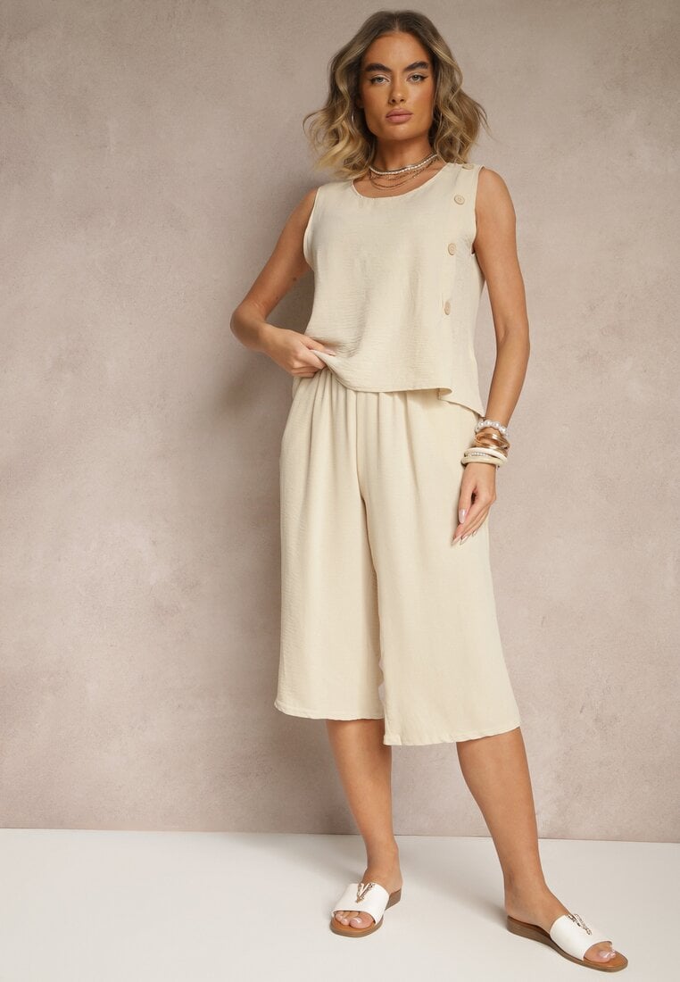 Komplet Bej deschis Pantaloni 3/4 largi și Tricou fără mâneci decorat cu nasturi Ravione