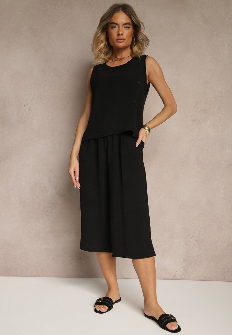 Set Negru Pantaloni 3/4 Larghi și Bluză fără mâneci Decorată cu Nasturi Ravione