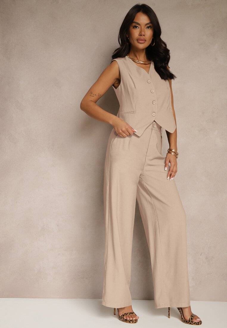 Compleu Din Vâscoză Bej Cu Croială Tip Costum Vestă și Pantaloni Soreya