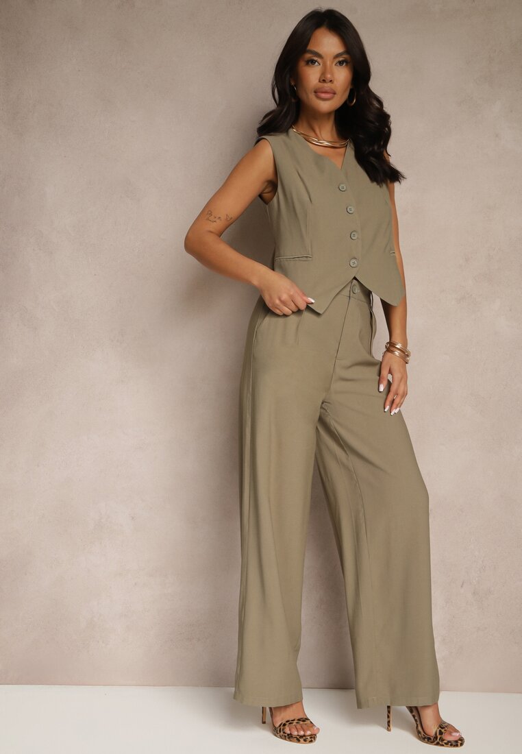 Set din viscoză verde cu croială de costum, vestă și pantaloni Soreya