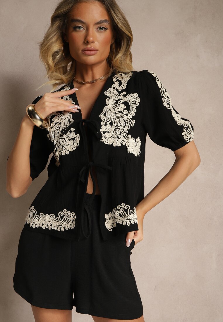 Bluză Neagră Legată din Bumbac cu Broderie Decorativă Novienira
