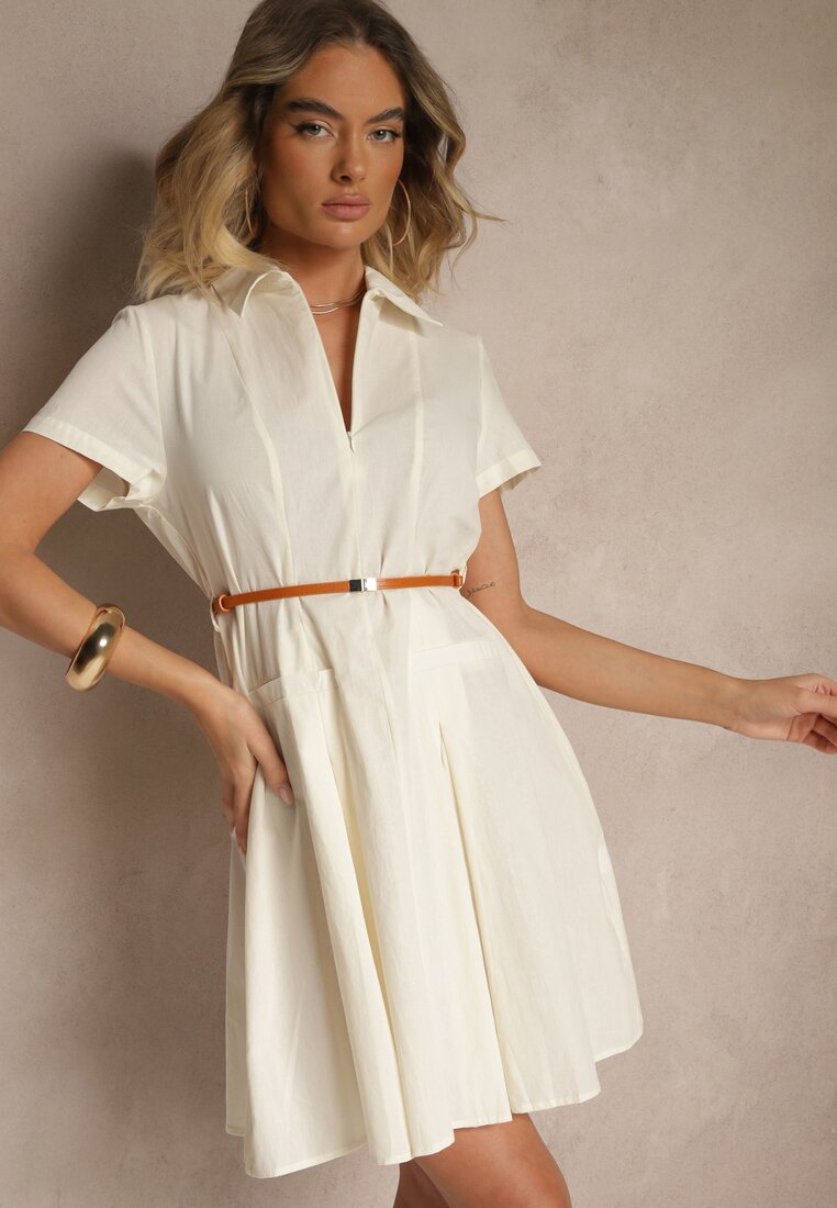 Rochie Cămașă Bej cu Curea Subțire în Talie Weolessa