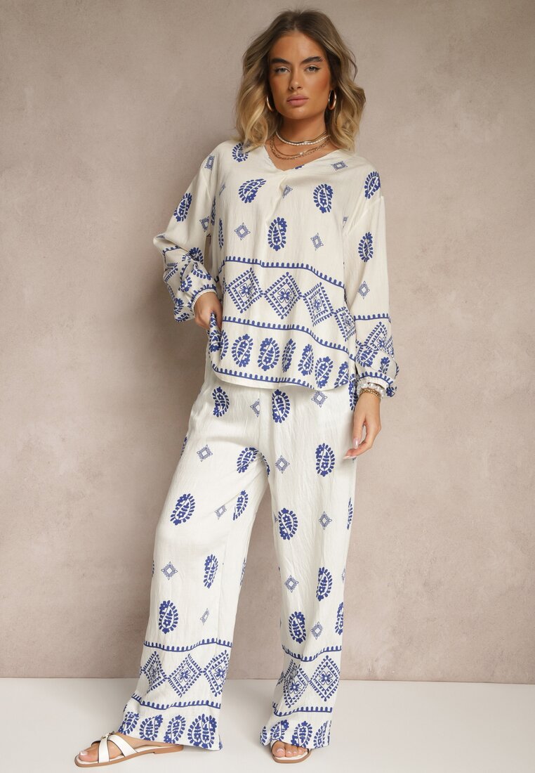 Set Alb-Albastru în Stil Etnic Pantaloni cu Elastic în Talie și Bluză Oversize Eviralyn
