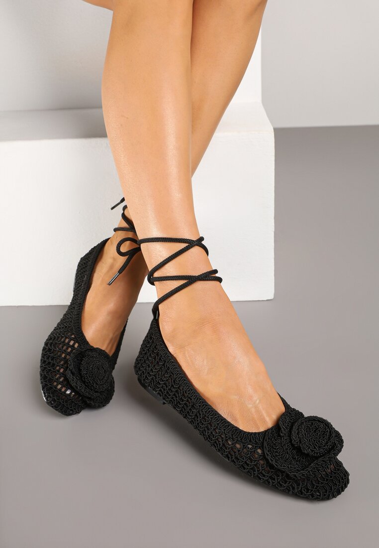 Balerine Negre cu fața ajurată, decorate cu floare 3D Cleiria