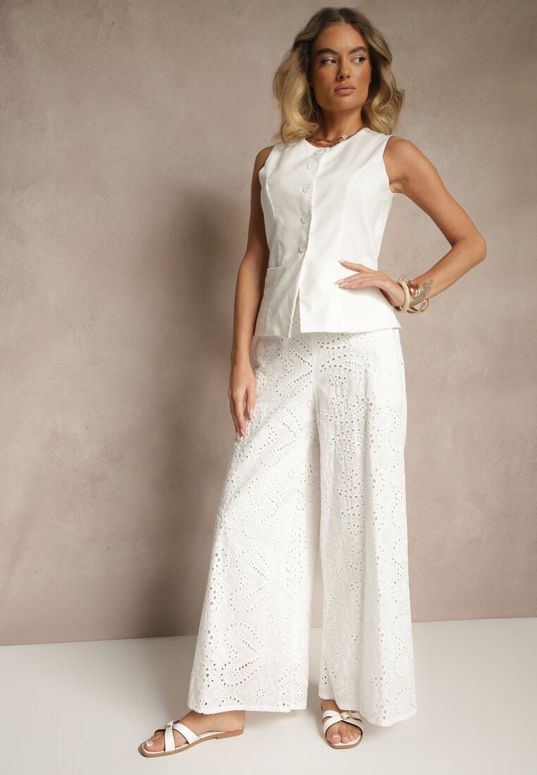 Pantaloni ajurați albi din bumbac cu talie înaltă, croială largă Evinassa