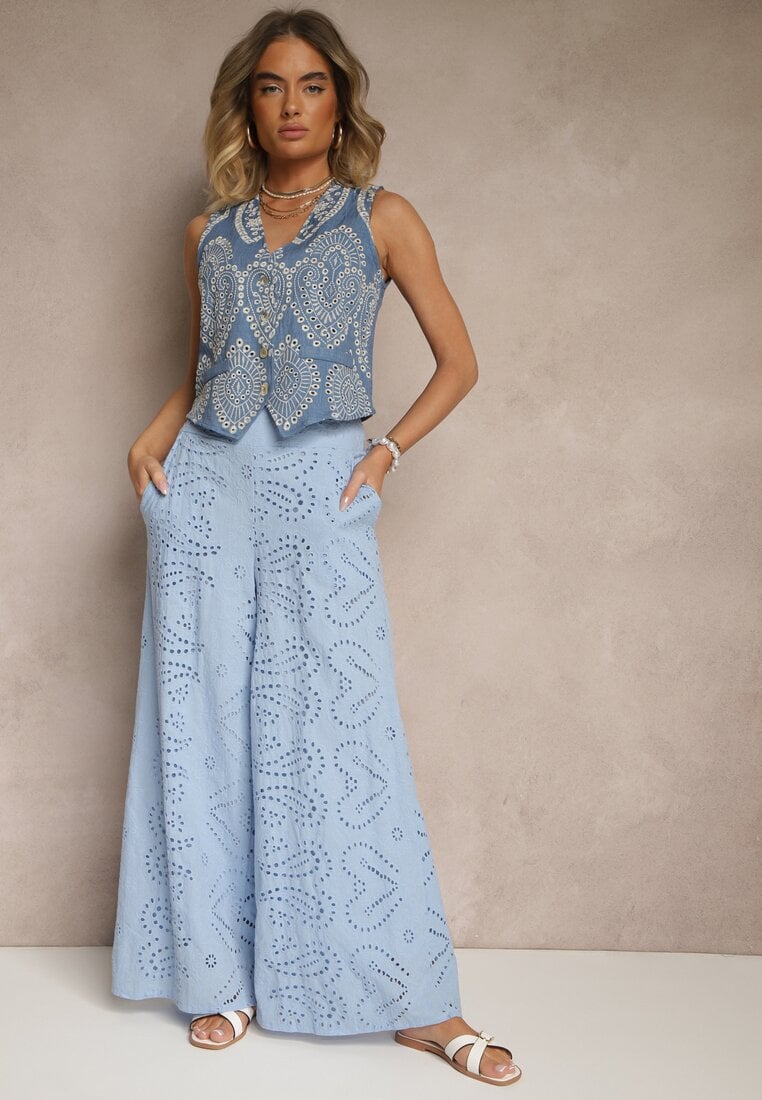 Pantaloni albaștri ajurați din bumbac cu talie înaltă cu croi larg Evinassa