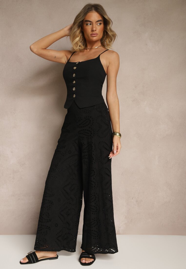 Pantaloni Ajurați Negri din Bumbac High Waist cu Croială Largă Evinassa