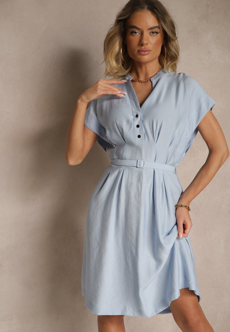 Rochie Cloș Albastră din Viscoză cu Cordon cu Capse Seporine