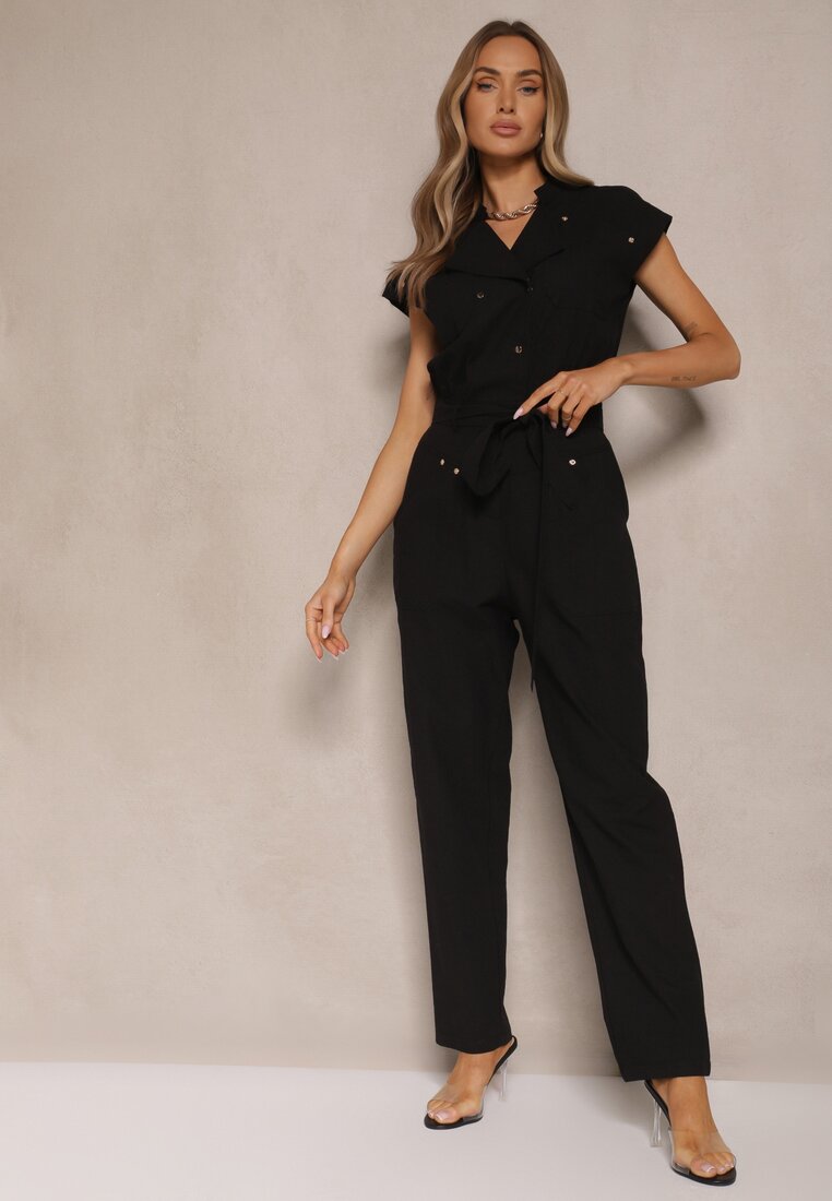 Salopetă stil cămașă Neagră cu viscoză decorată cu capse și cu o centură legată Sepirise