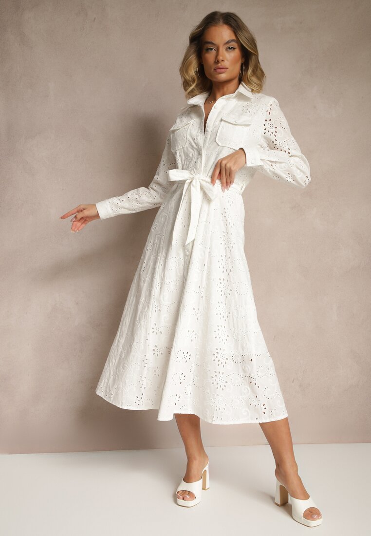 Rochie Ajour Albă din Bumbac Decorată cu o Cureaua Novenelle