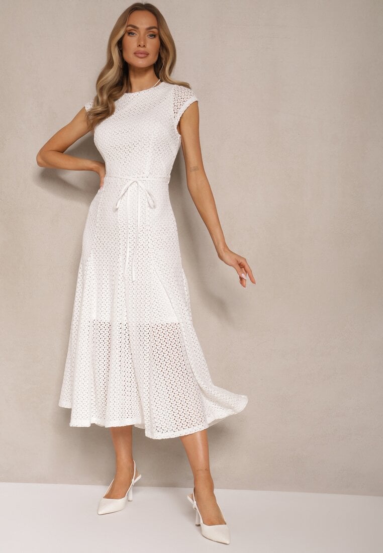 Rochie Ajurată Albă cu croială evazată decorată cu o curea Galorena