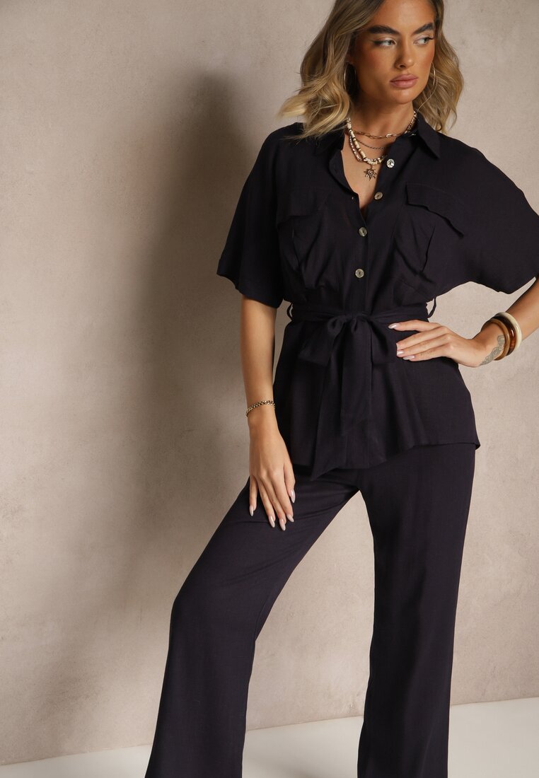 Compleu Bleumarin din In și Viscoză cu Pantaloni Largi și Cămașă cu Curea Galanitia