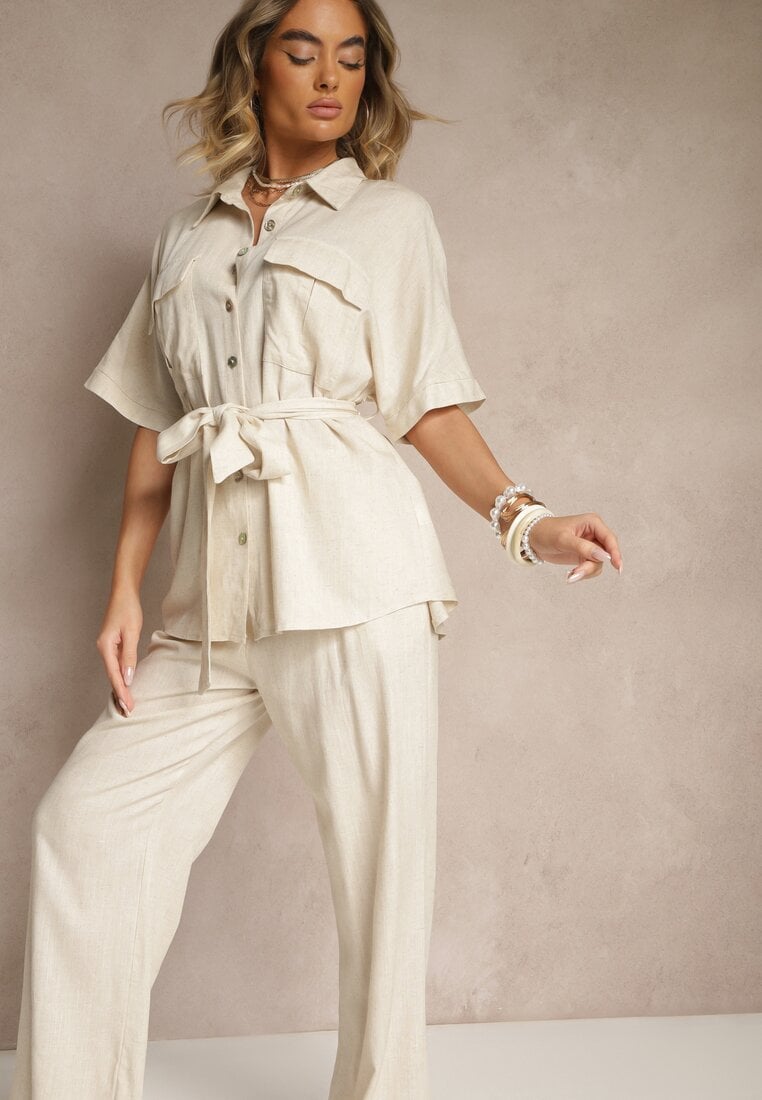 Compleu Bej închis din in și viscoză, Pantaloni largi și Cămașă cu curea Galanitia