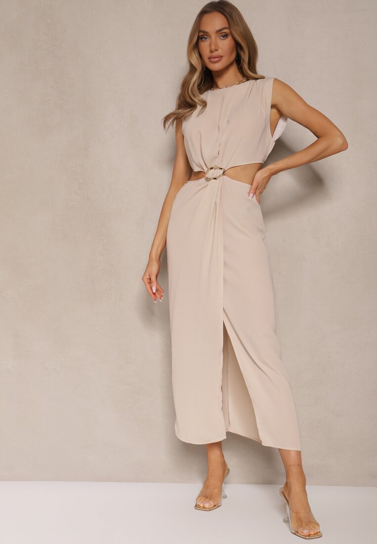 Rochie Bej cu tiv evazat decorată cu decupaje în talie și cu detaliu metalic Galanissa