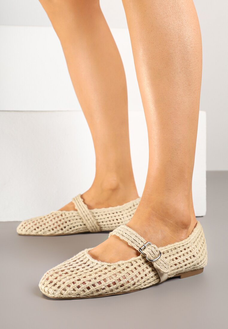 Balerinki Bej Decupate stil Mary Jane cu Împletitură Deraelle