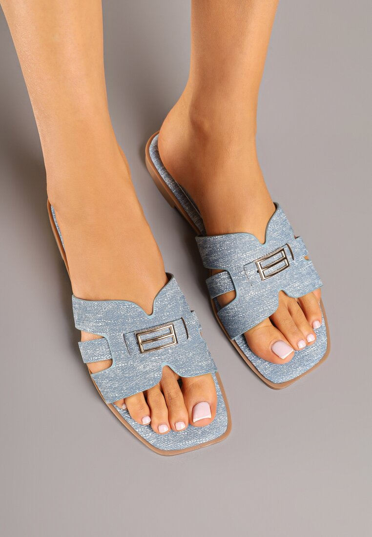 Papuci Albastru deschis pe talpă plată cu aplicație elegantă Ellidella