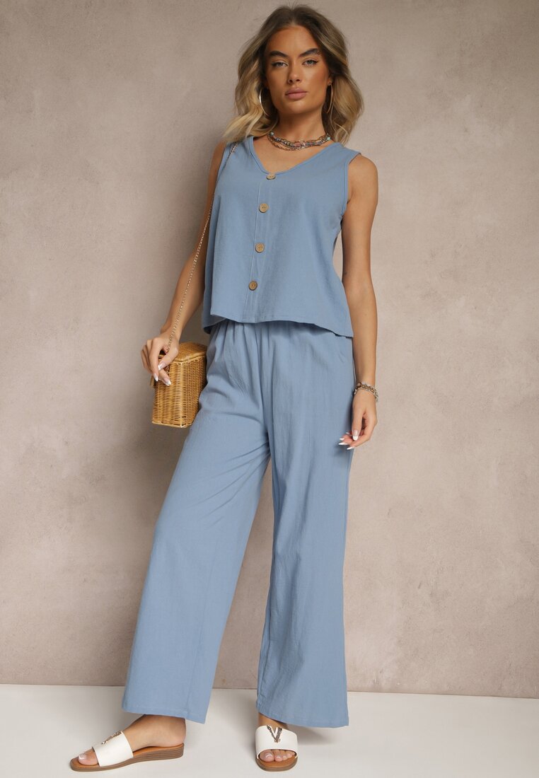 Set Albastru Din bumbac Bluză fără mâneci cu nasturi Pantaloni cu elastic în talie Juliannacella