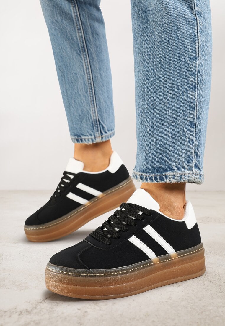 Adidași Negre pe Platformă Embosată Decorate cu Curele Felainora