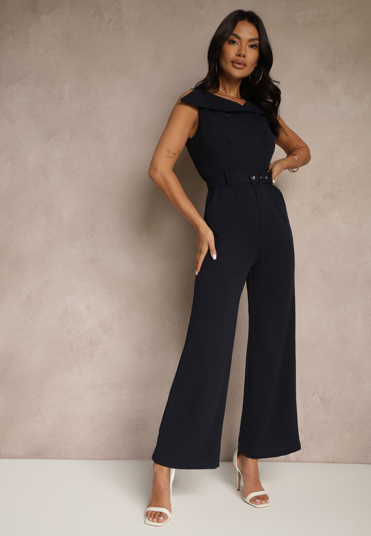 Kombinezon bleumarin cu decolteu barcă, nasturi și curea Galissela