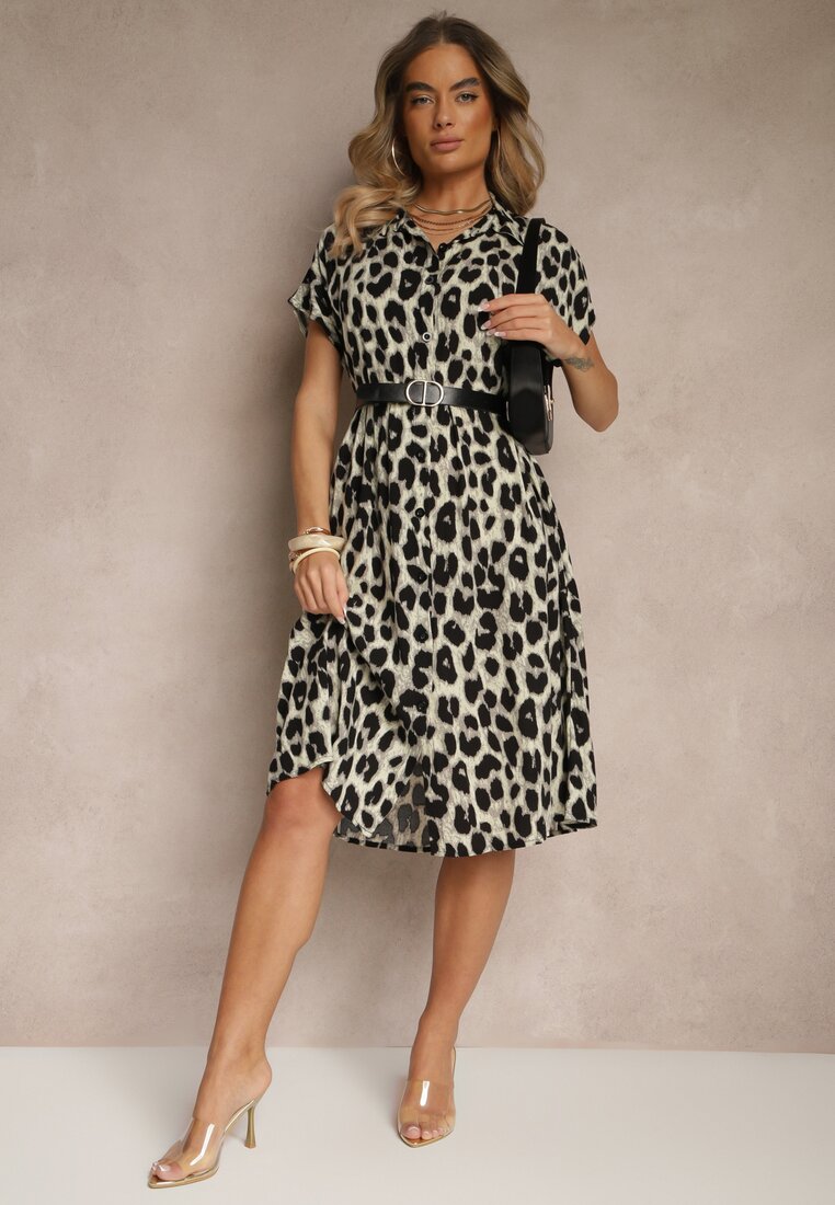 Rochie Bej-Neagră Din bumbac Croială tip cămașă Cu buzunare Leopard Iffanea