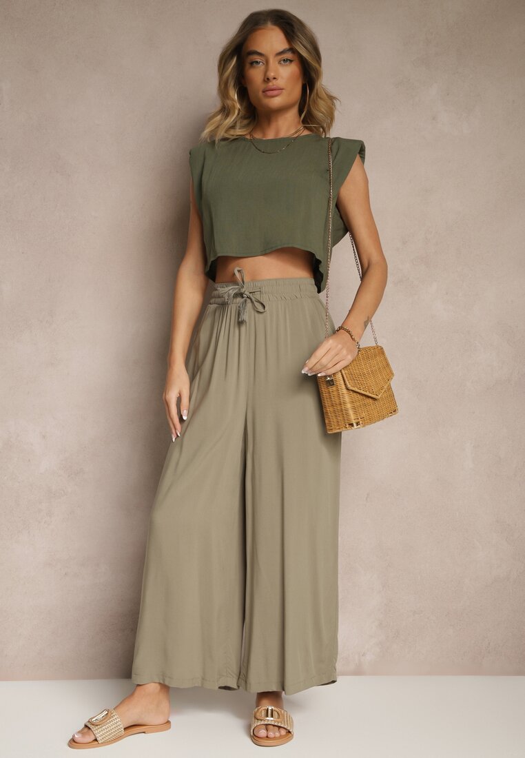 Pantaloni Largi Verzi închis din Viscoză cu șnur Natisetia