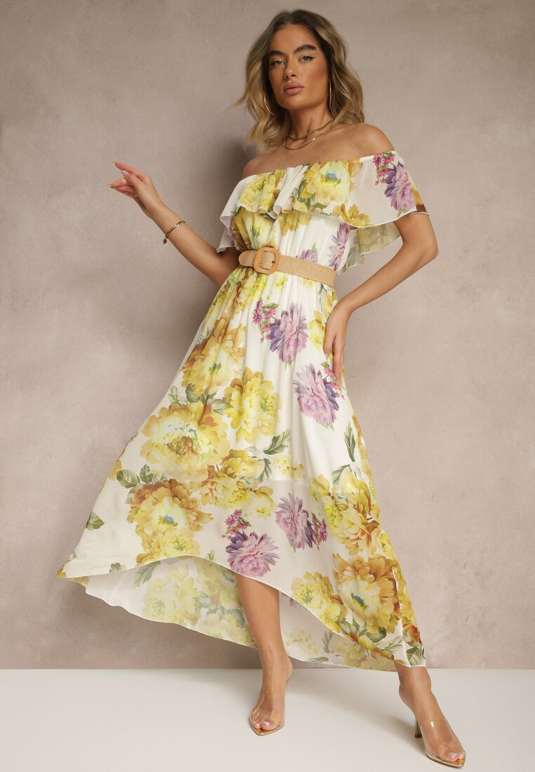 Rochie Galbenă stil spaniol cu Model Floral și Curea Împletită Sadeene