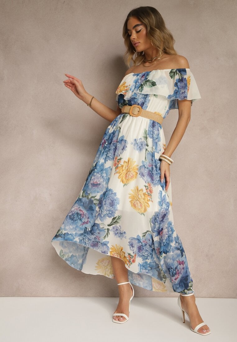 Rochie Albastră Spaniolă cu Model Floral și Curea Împletită Sadeene