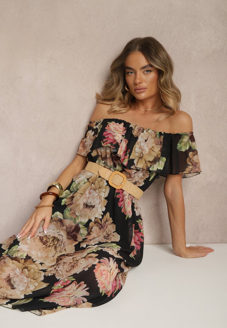 Rochie Neagră Spaniolă cu Imprimeu Floral și Curea Împletită Sadeene
