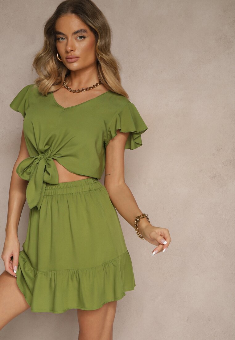 Set Verde din Vâscoză Fustă cu Volan și Bluză cu Legătură Redeave