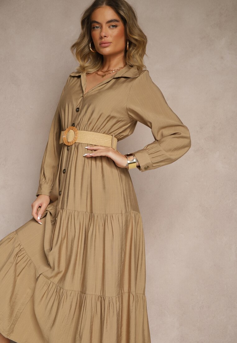 Rochie Bej închis din viscoză cu croială tip cămașă, cu cordon și cataramă Feluriela