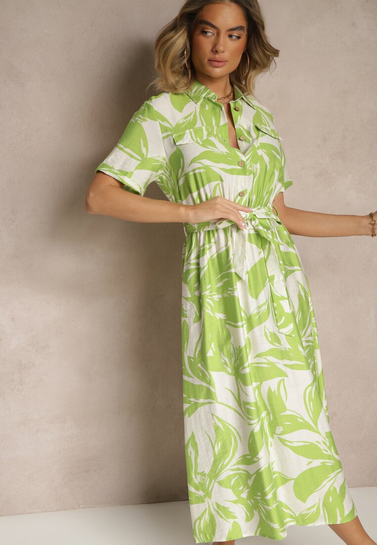 Rochie verde din viscoză cu croială tip cămașă cu cordon legat Uloanna