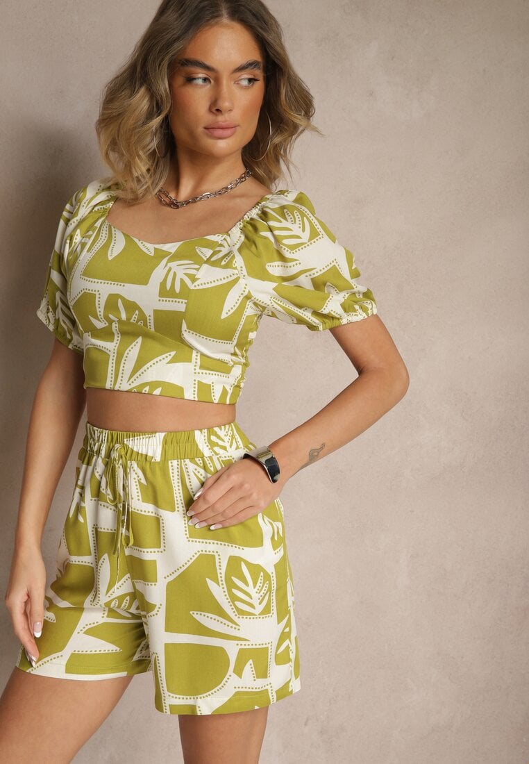 Compleu verde din vâscoză cu imprimeu vegetal Pantaloni scurți și Bluză Felindera