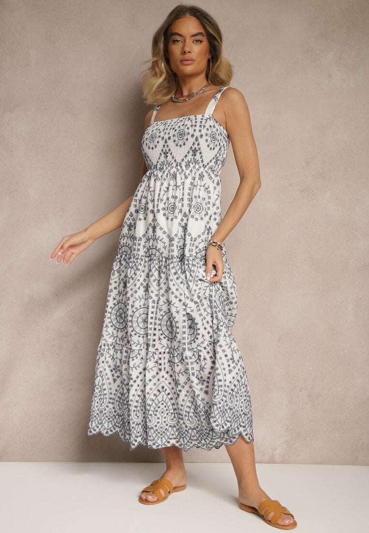 Rochie Bleumarin-Albă din Bumbac cu Model Brodat Sadiralle