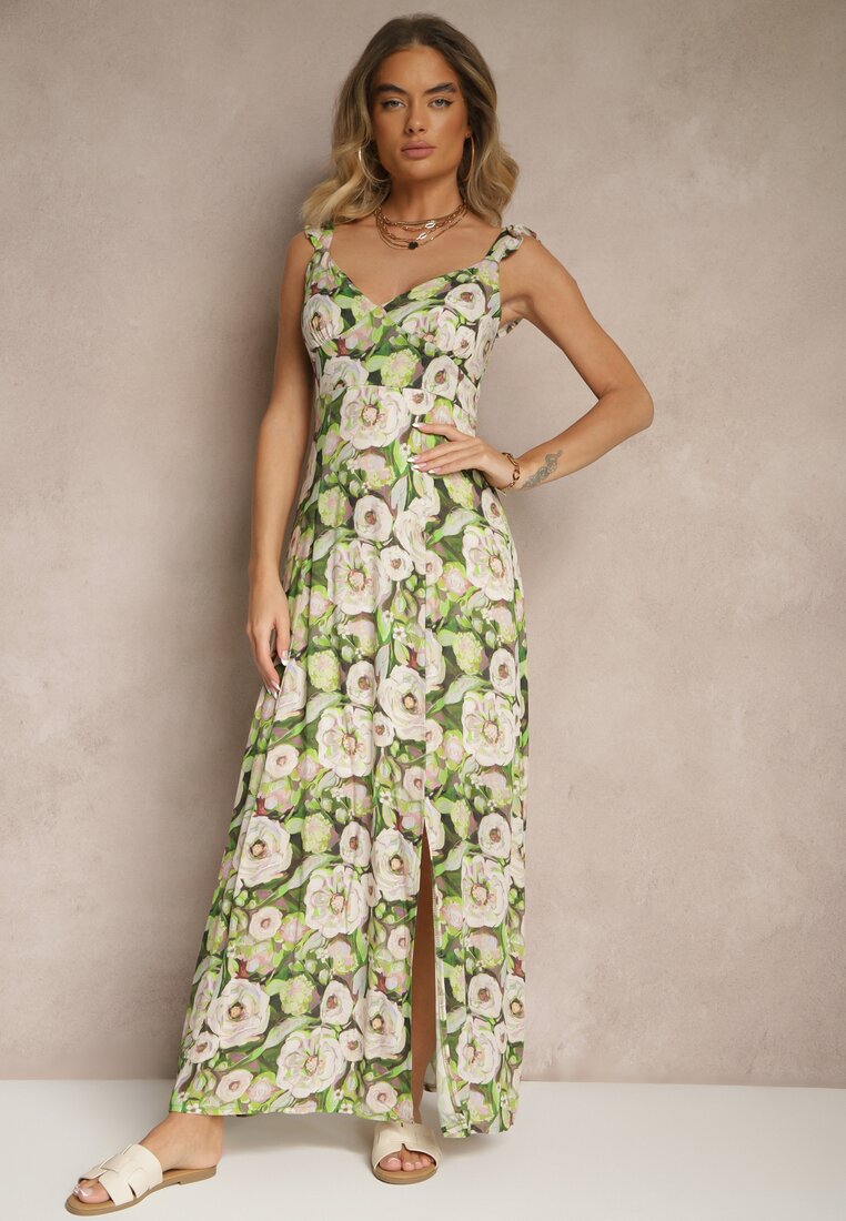 Rochie Verde-Bej din viscoză cu croială evazată cu flori Redalie