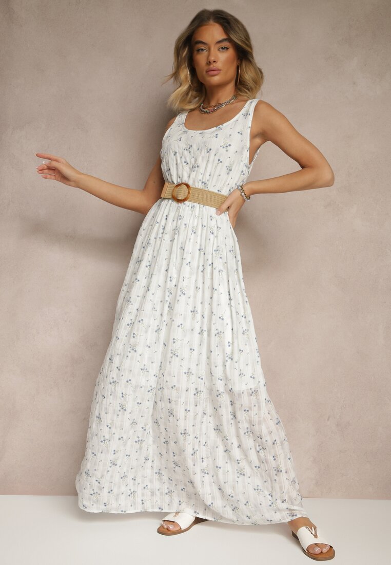 Rochie Albastră Deschisă Florală cu Croială Evazată cu Curea Împletită Iffonvia