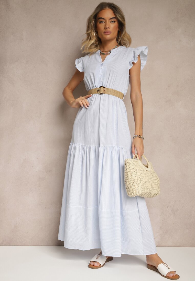 Rochie Evazată Albastră deschisă din Bumbac în stil Boho cu o curea cu cataramă Iffarisa