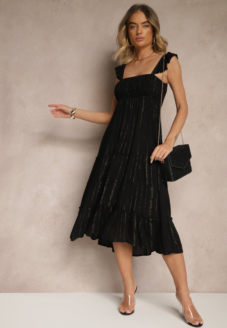 Rochie Neagră Evazată din Vâscoză cu Cusături Metalice Iffaria