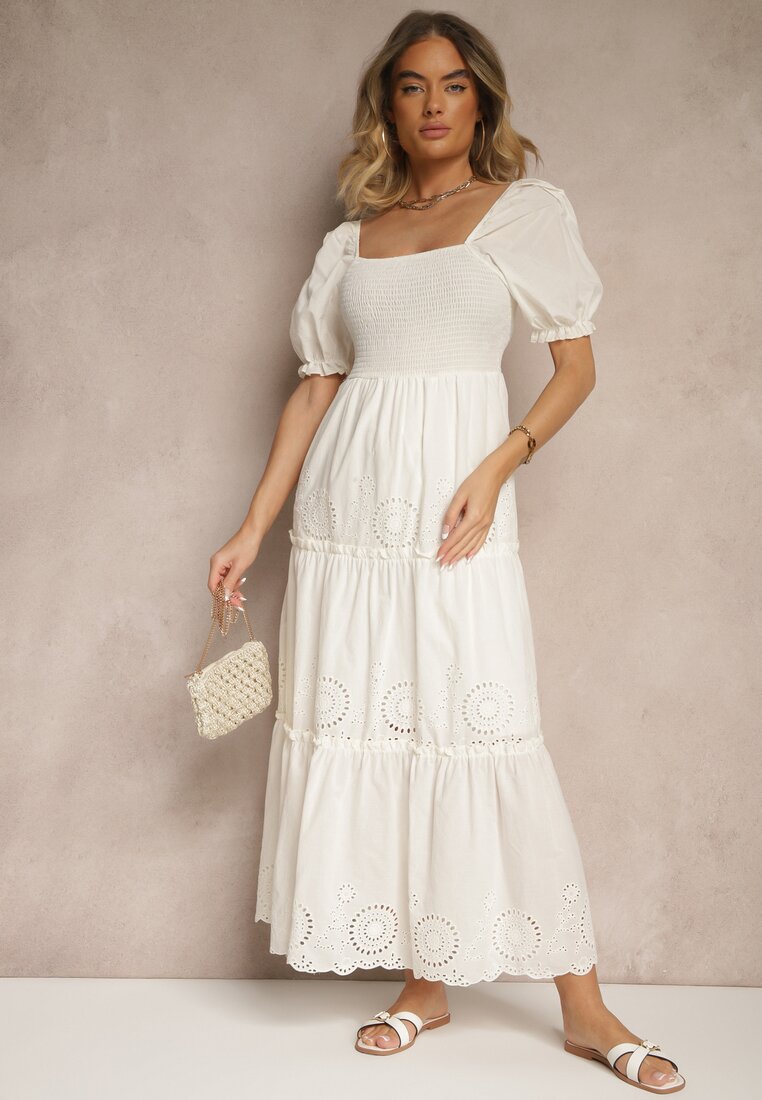 Rochie Albă din Bumbac Decorată cu Broderie Iffirina