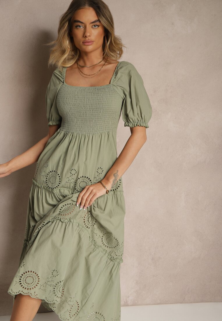 Rochie verde din bumbac decorată cu broderie Iffirina