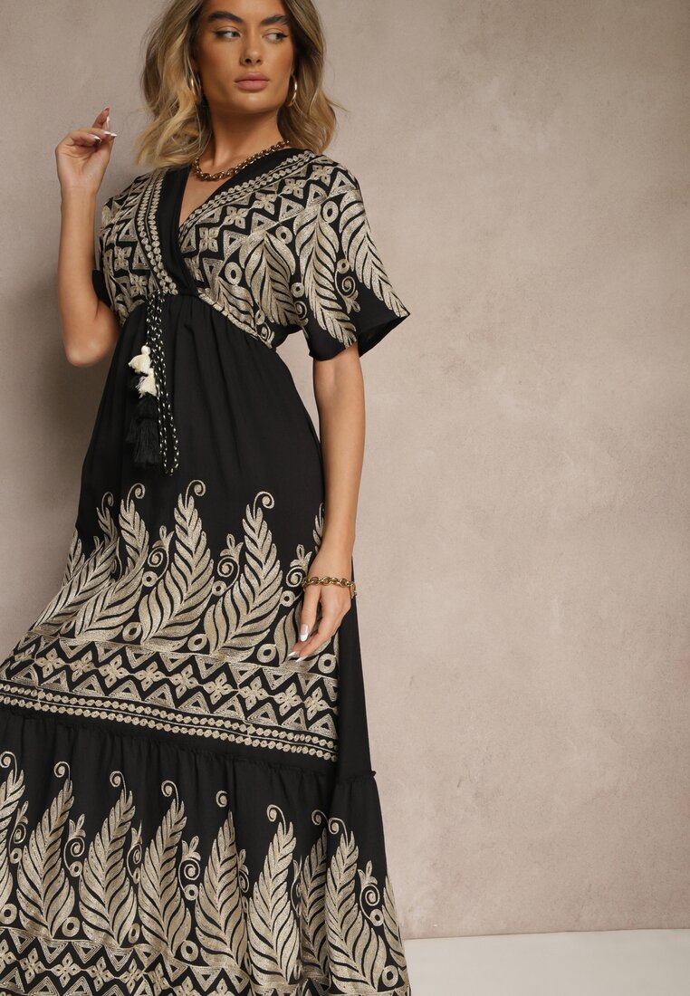 Rochie Neagră Din Vâscoză Boho Cu Croi Petrecut Cu Broderie Metalică Redeselle