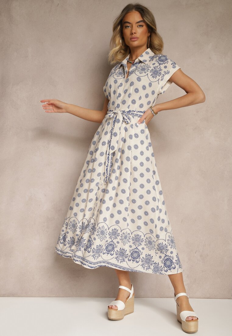 Rochie din viscoză Bej-Albastră cu imprimeu floral cu croială tip cămașă și cordon legat Iffiana