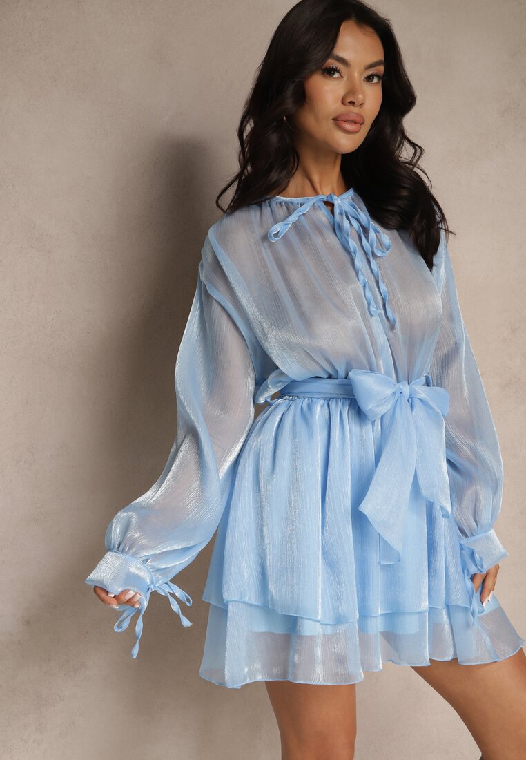 Rochie Albastră Decorată cu legătură și curea Nivoren