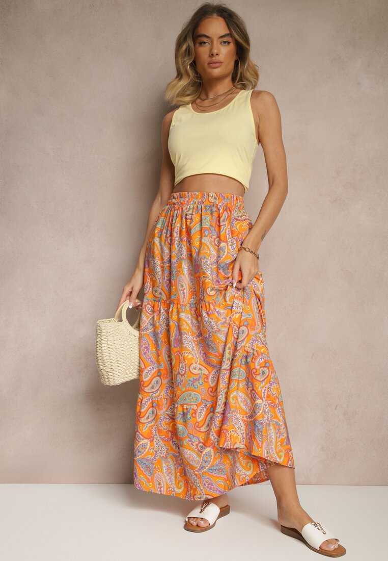 Fustă Portocalie Cloș Talie Înaltă cu Motiv Paisley Nevolissa